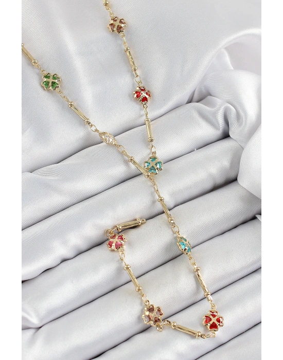 Pirinç Asorti Kalpli Yonca Model Gold Renk Zirkon Taşlı Y Kolye