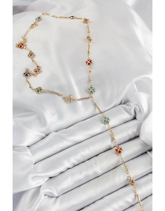 Pirinç Asorti Kalpli Yonca Model Gold Renk Zirkon Taşlı Y Kolye