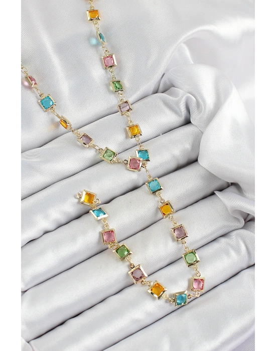 Pirinç Asorti Kare Model Gold Renk Zirkon Taşlı Y Kolye