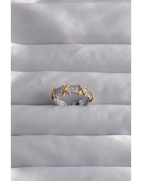 Pirinç Ayarlamalı Gümüş Renk Zirkon Taşlı XOXO Model Yüzük