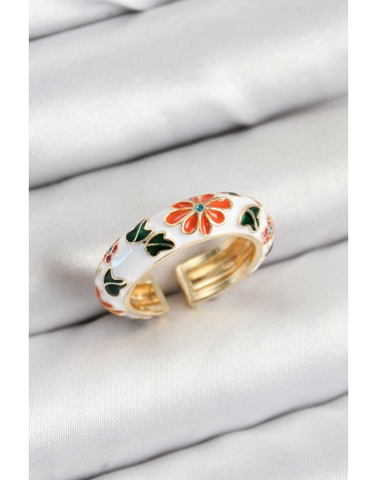 Pirinç Beyaz Mineli Çiçek Motifli Gold Renk Ayarlanabilir Kadın Yüzük