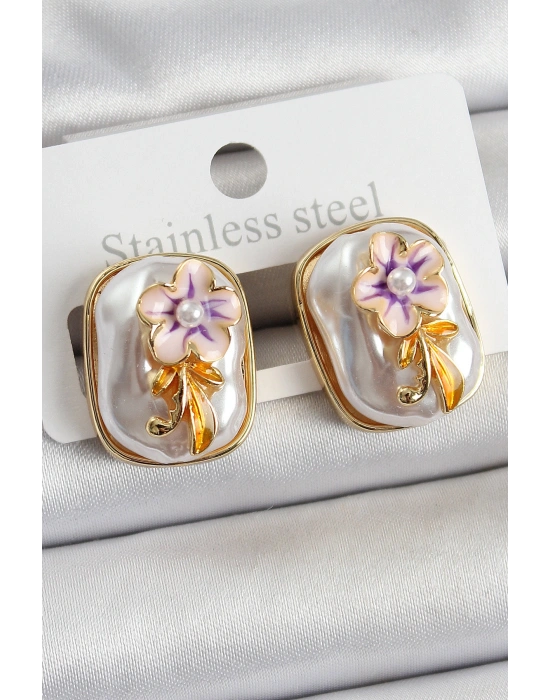 Pirinç Beyaz Mineli İnci Detaylı Çiçek Figürlü Sanatsal Portre Model Gold Renk Kadın Küpe