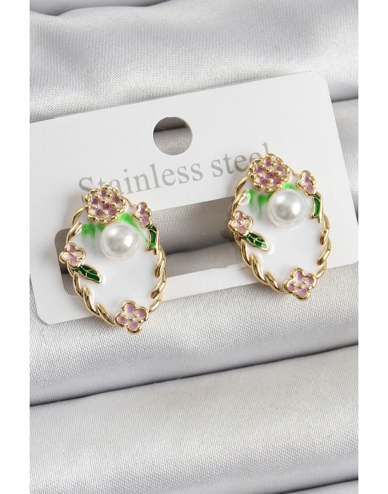 Pirinç Beyaz Mineli İnci Detaylı Sanatsal Portre Model Gold Renk Kadın Küpe