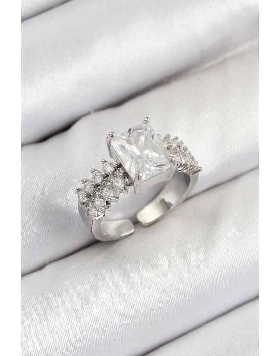 Pirinç  Büyük Zirkon Taşlı Model Gümüş Renk Kadın Yüzük