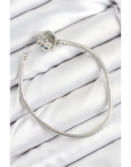 Pirinç Charm Zirkon Taşlı Kalp Model Gümüş Renk Kadın Bileklik