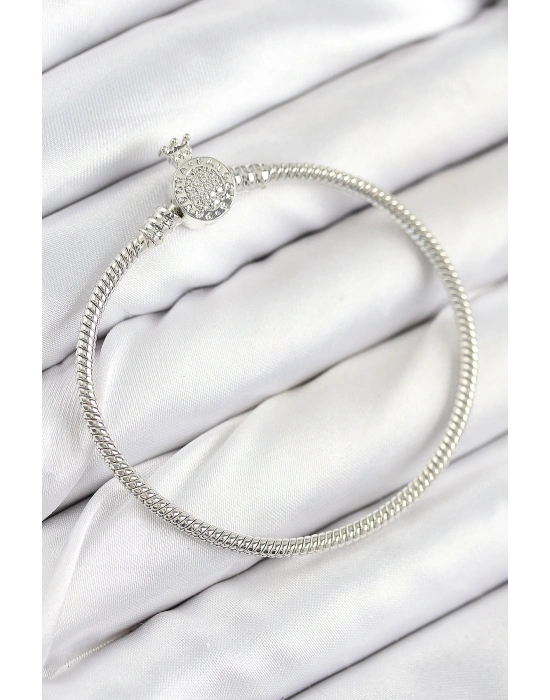 Pirinç Charm Zirkon Taşlı Taç Model Gümüş Renk Kadın Bileklik