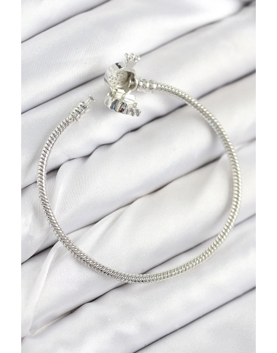 Pirinç Charm Zirkon Taşlı Taç Model Gümüş Renk Kadın Bileklik