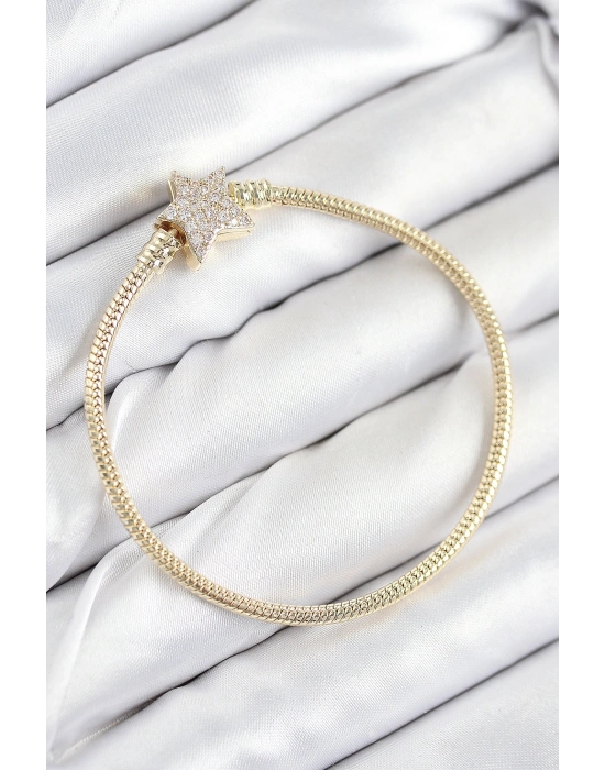 Pirinç Charm Zirkon Taşlı Yıldız Model Gold Renk Kadın Bileklik