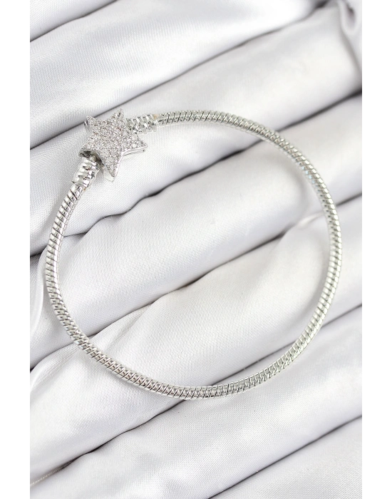 Pirinç Charm Zirkon Taşlı Yıldız Model Gümüş Renk Kadın Bileklik