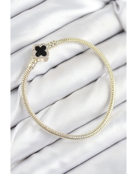 Pirinç Charm Zirkon Taşlı Yonca Model Gold Renk Kadın Bileklik
