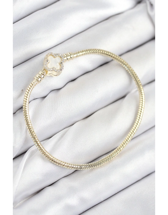 Pirinç Charm Zirkon Taşlı Yonca Model Gold Renk Kadın Bileklik