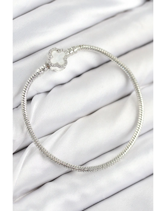 Pirinç Charm Zirkon Taşlı Yonca Model Gümüş Renk Kadın Bileklik