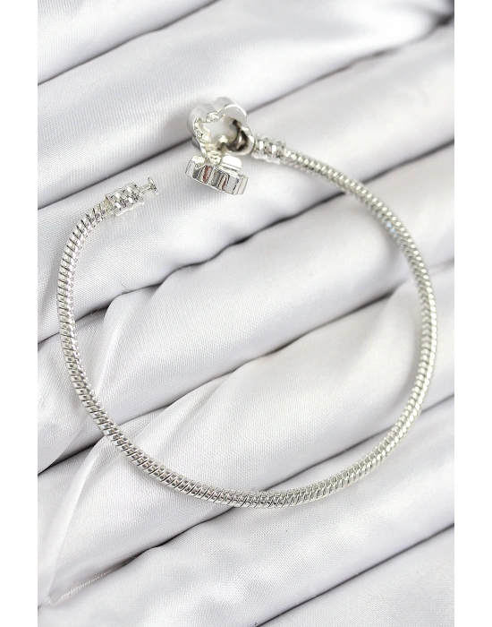 Pirinç Charm Zirkon Taşlı Yonca Model Gümüş Renk Kadın Bileklik