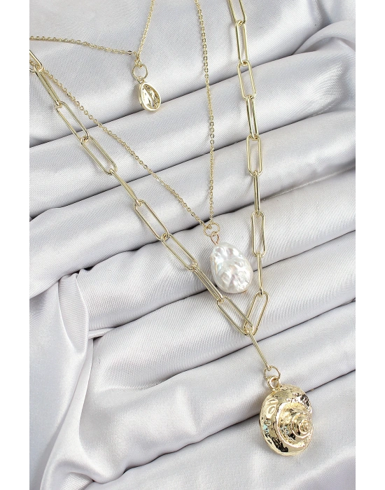 Pirinç Çoklu Zincirli İncili Deniz Kabuğu Model Gold Renk Kadın Kolye