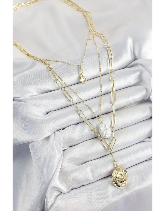 Pirinç Çoklu Zincirli İncili Deniz Kabuğu Model Gold Renk Kadın Kolye