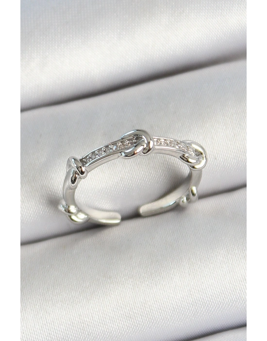 Pirinç Düğüm Figürlü Zirkon Taşlı Gümüş Renk Ayarlanabilir Kadın Yüzük