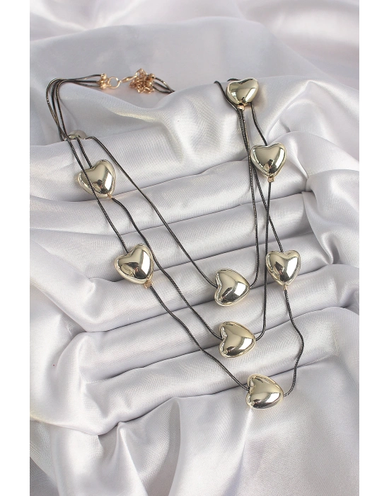 Pirinç Füme Renk Zincir 3D Gold Renk Kalp Model Kadın Kolye