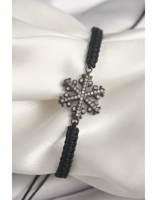 Pirinç Füme Renk Zirkon Taşlı Kar Tanesi Figür Makrome Asansörlü Model Kadın Bileklik