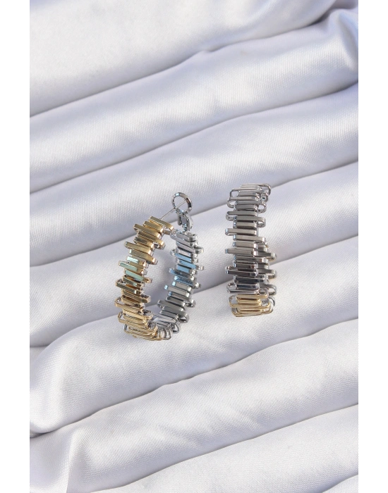 Pirinç Gold Gümüş Renkli Tırtıklı Halka Küpe