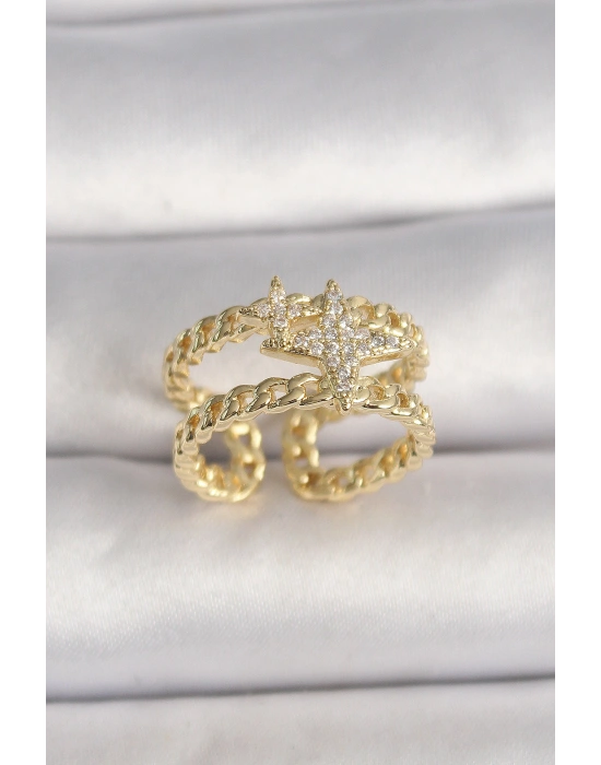 Pirinç Gold Renk 2Li Zincir Zirkon Taşlı Yıldız Figür Kadın Yüzük