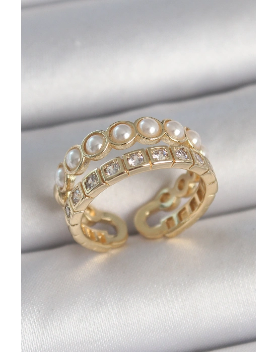 Pirinç Gold Renk 2Li Zirkon Taşlı Ve İncili Ayarlanabilir Kadın Yüzük