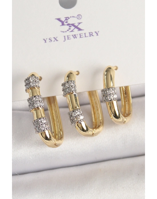 Pirinç Gold Renk 3Lü Halka Model Gümüş Zirkon Taş Detaylı Kadın Kombin Küpe