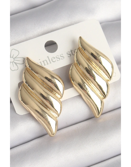 Pirinç Gold Renk 3 Sıralı Dalgalı Model Kadın Küpe