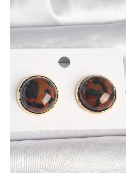 Pirinç Gold Renk 3D Daire Leopar Model Kadın Küpe