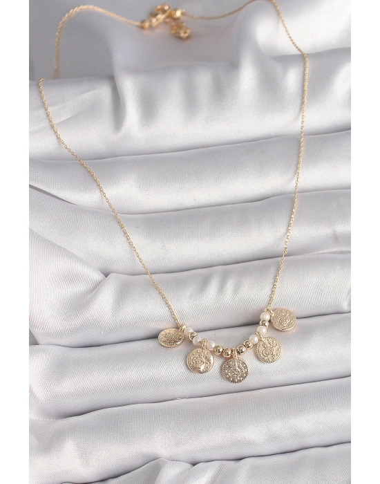 Pirinç Gold Renk 5Li Osmanlı Tuğra Figür İnci Detay Kadın Kolye