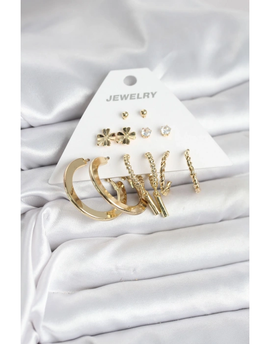 Pirinç Gold Renk 6 Çift Kadın Küpe Seti