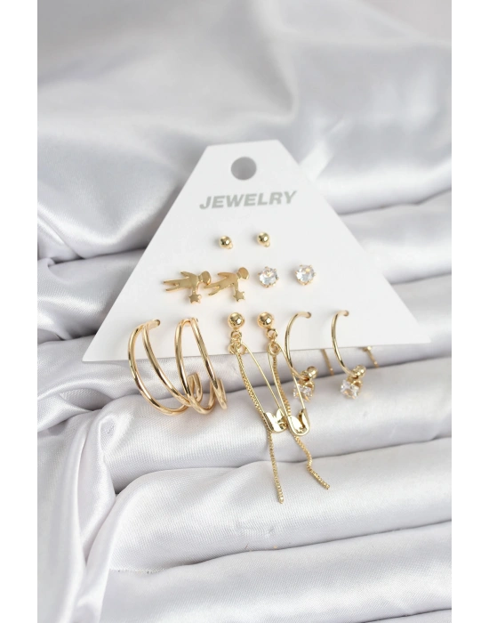 Pirinç Gold Renk 6 Çiftli Kadın Küpe Seti
