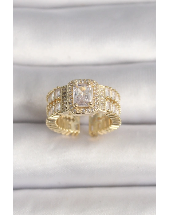 Pirinç Gold Renk Ayarlanabilir Baget Zirkon Taş Model Kadın Yüzük