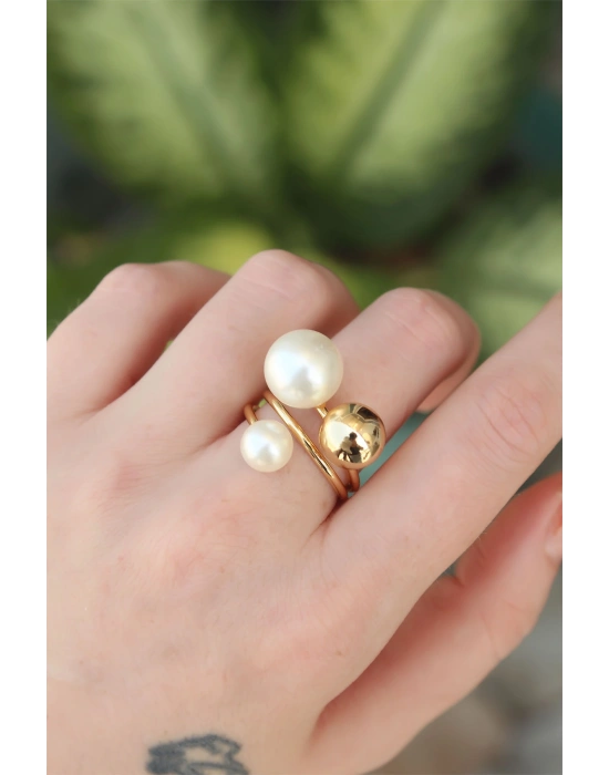 Pirinç Gold Renk Ayarlanabilir İnci Taşlı Yüzük