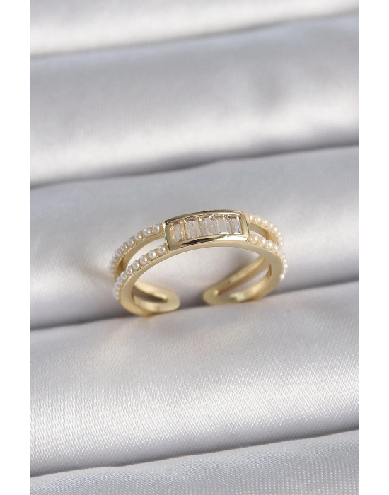 Pirinç Gold Renk Ayarlanabilir Sıralı İncili Zirkon Taş Detaylı Kadın Yüzük