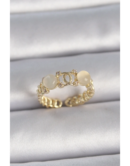 Pirinç Gold Renk Ayarlanabilir Zirkon Taşlı Beyaz Mineli Birleşik Halka Model Kadın Yüzük