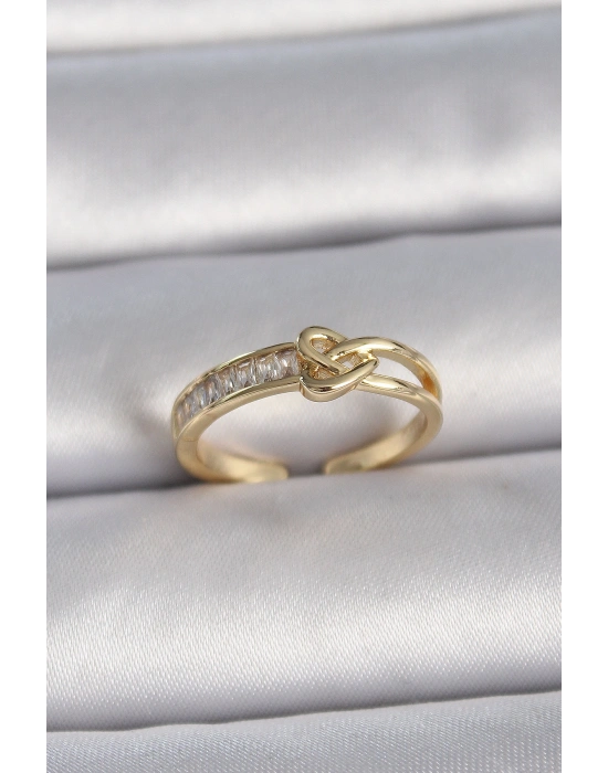 Pirinç Gold Renk Ayarlanabilir Zirkon Taşlı Düğüm Kalp Model Kadın Yüzük