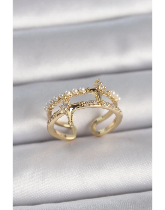 Pirinç Gold Renk Ayarlanabilir Zirkon Taşlı İncili Yıldız Model Kadın Yüzük