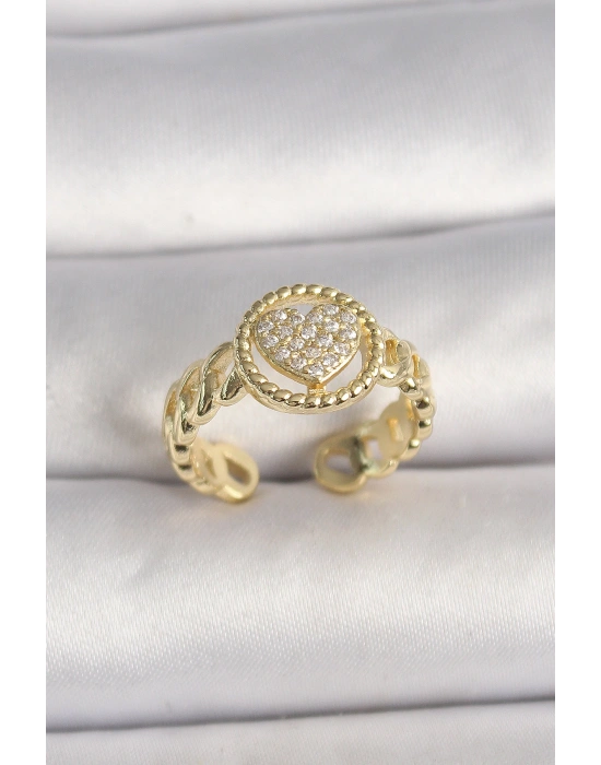 Pirinç Gold Renk Ayarlanabilir Zirkon Taşlı Kalp Model Kadın Yüzük