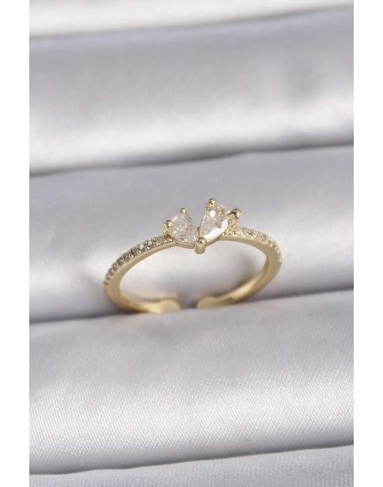 Pirinç Gold Renk Ayarlanabilir Zirkon Taşlı Kalp Model Kadın Yüzük