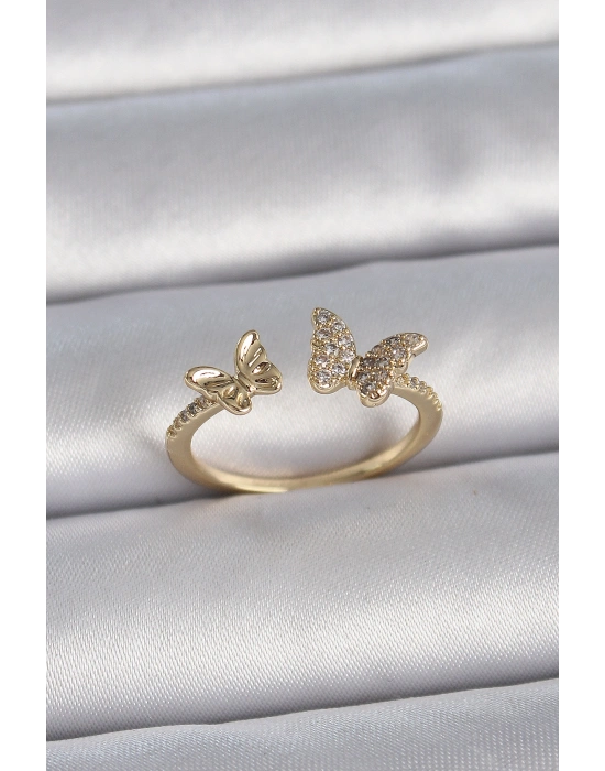 Pirinç Gold Renk Ayarlanabilir Zirkon Taşlı Kelebek Model Kadın Yüzük
