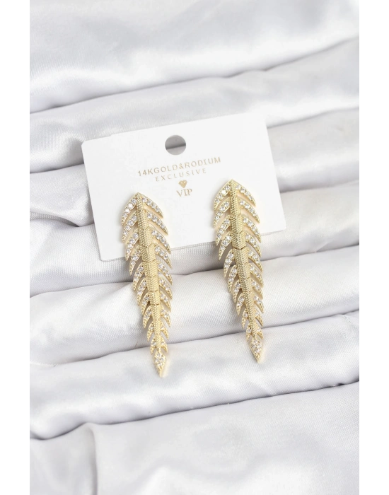 Pirinç Gold Renk Balık Sırtı Model Zirkon Taşlı Kadın Küpe