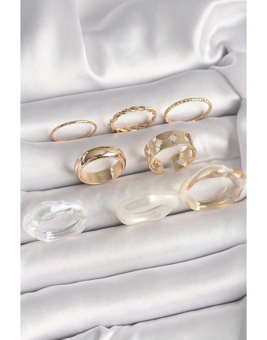 Pirinç Gold Renk Beyaz Akrilik Plastik Modek Kutup Yıldız İşleme Detay Kadın Yüzük Kombini