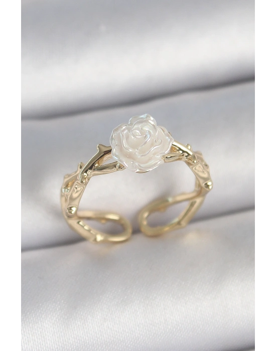 Pirinç Gold Renk Beyaz Gül Model Ayarlanabilir Kadın Yüzük