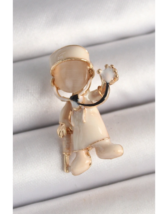 Pirinç Gold Renk Beyaz Mineli Doktor Model Kadın Broş