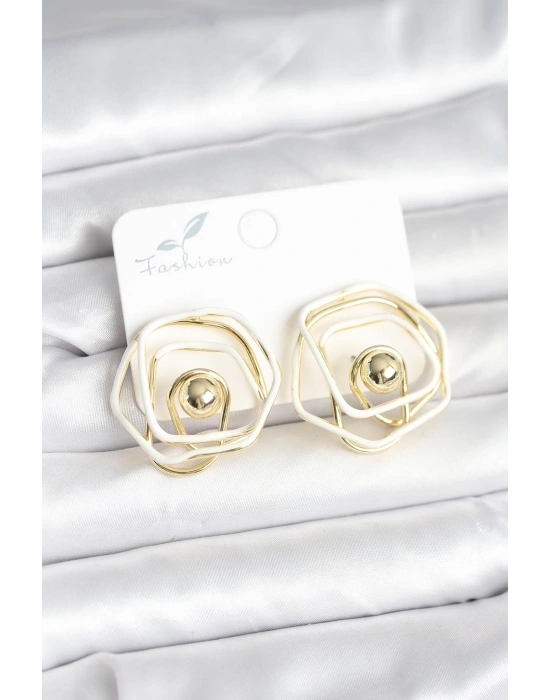 Pirinç Gold Renk Beyaz Mineli Geometrik Gül Model Kadın Küpe