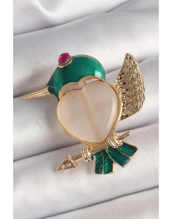 Pirinç Gold Renk Beyaz Mineli Kalp Yeşil Sinek Kuşu Model Pembe Zirkon Taş Detay Kadın Broş
