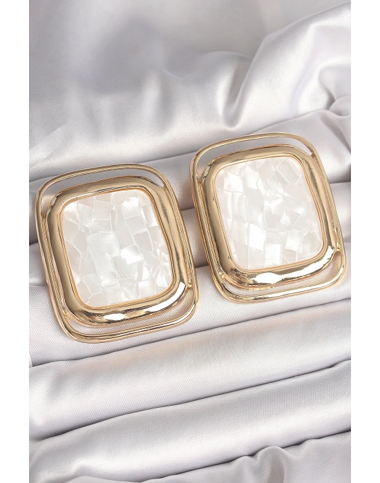 Pirinç Gold Renk Beyaz Mineli Kare Model Kadın Küpe