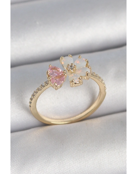 Pirinç Gold Renk Beyaz Mineli Pembe Zirkon Taşlı Çiçek Model Kadın Yüzük