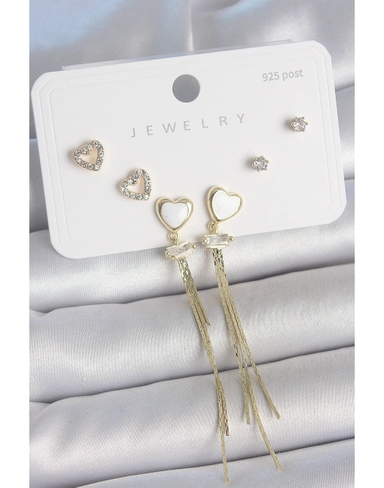 Pirinç Gold Renk Beyaz Mineli Sallantı Mineli Kalp Model Zirkon Taş Detaylı 925 Ayar Gümüş Çivi Kadın Küpe Seti