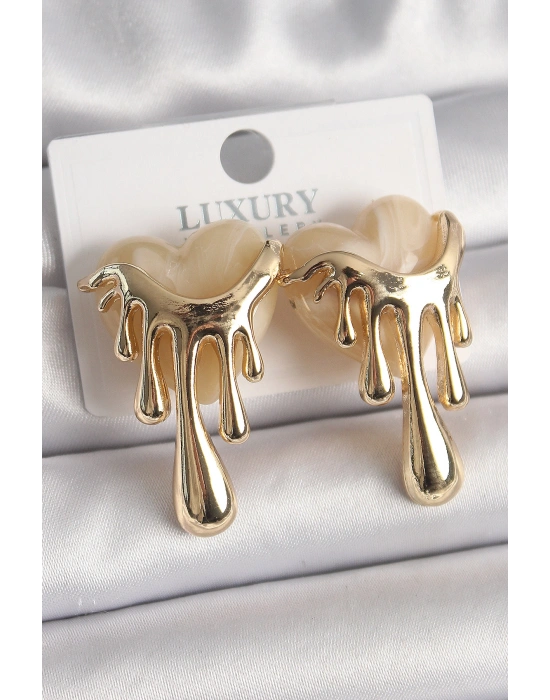 Pirinç Gold Renk Beyaz Sedefli Akan Kalp Model Kadın Küpe